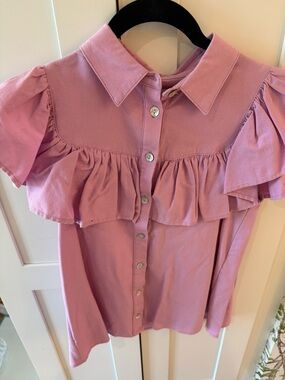 The Shirt by Rochelle Behrens Lavender  Ruffle Button Blouse